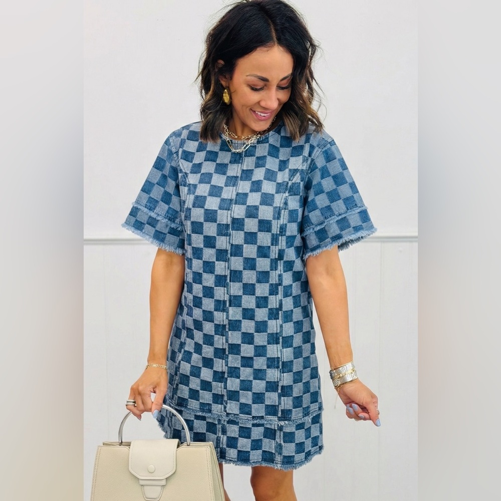 DO117L: Blue Denim Checkered Dress